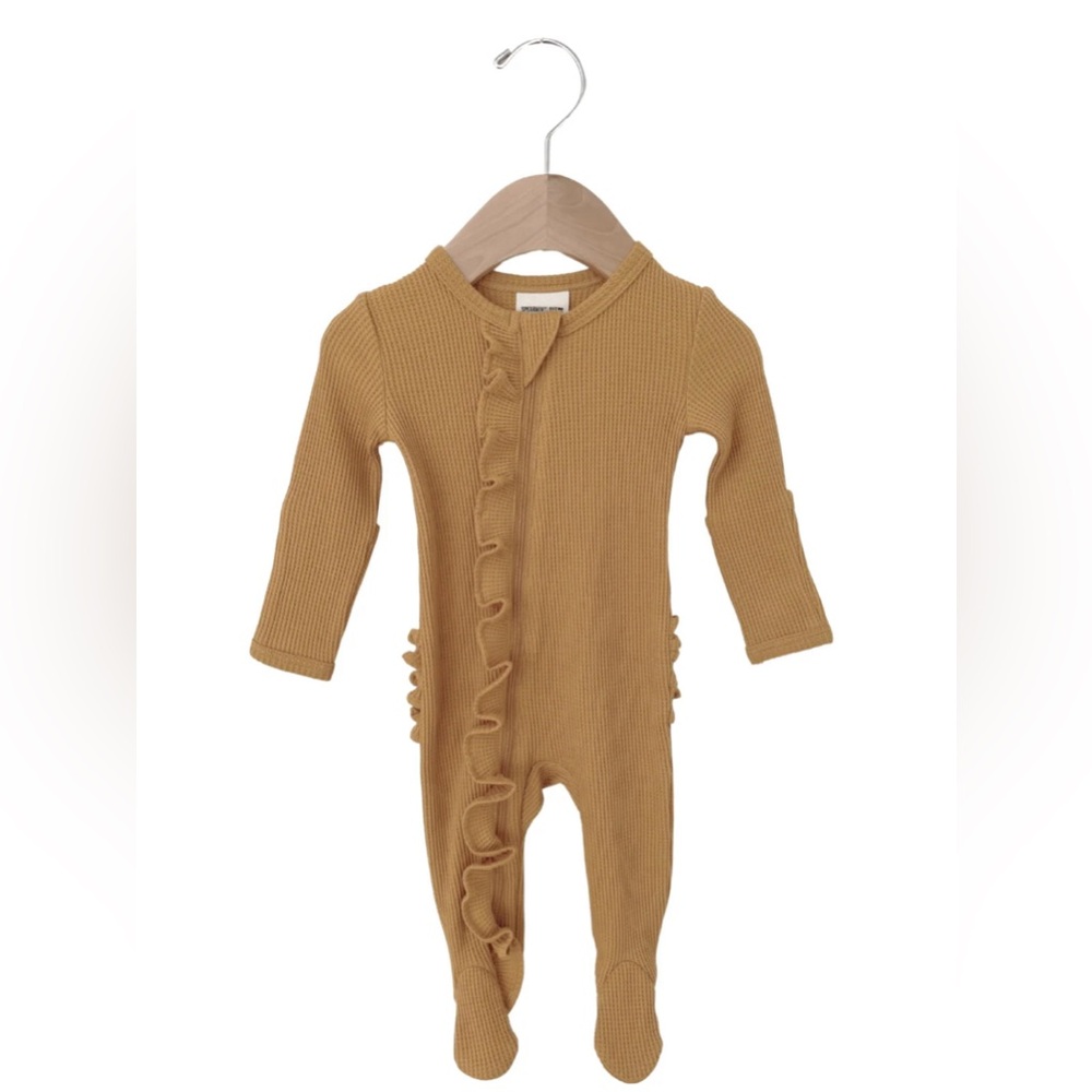 SPEARMINTLOVE Organic Waffle Basic Zip Footie + Bow Honey 3-6 months